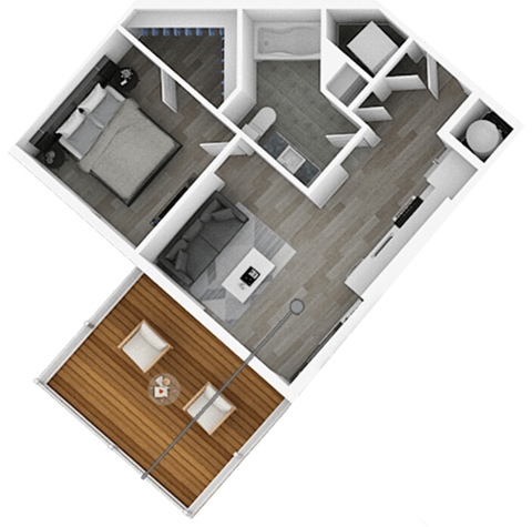 A top-down view of a house layout with a living room, kitchen, and dining area.